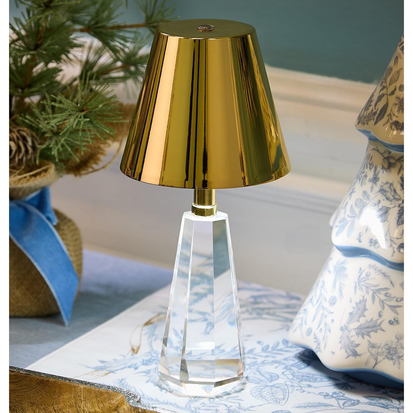 Faceted Crystal-Style Glass LED Portable Cordless Table Lamp with Gold Metallic Shade