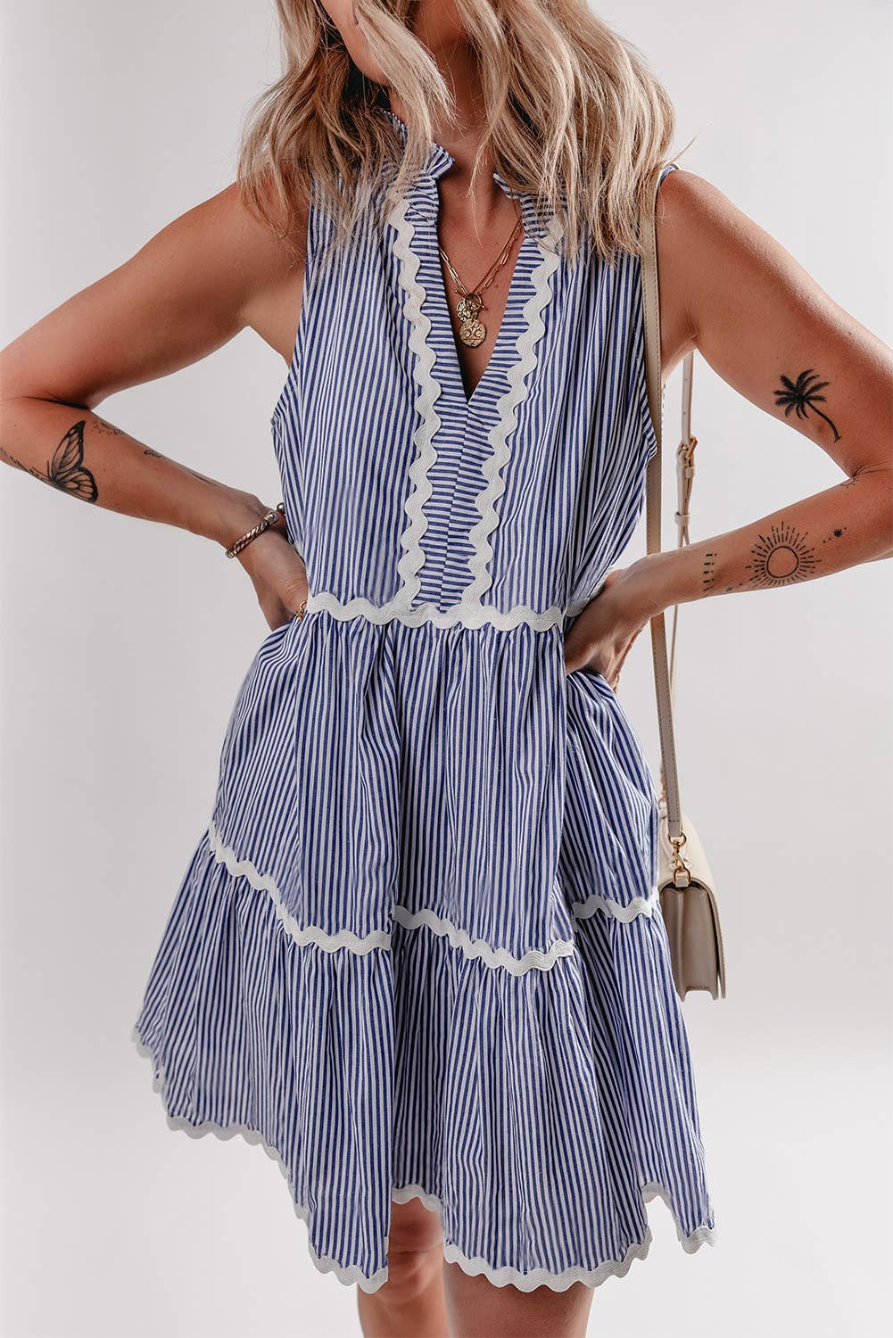 Striped Print Ric-rac Trim Sleeveless Mini Dress | S-XL