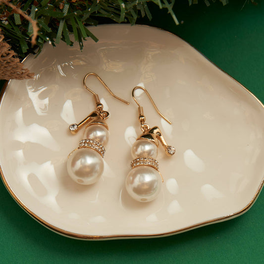 Holiday Christmas Snowman Pearl Gold Drop Earrings