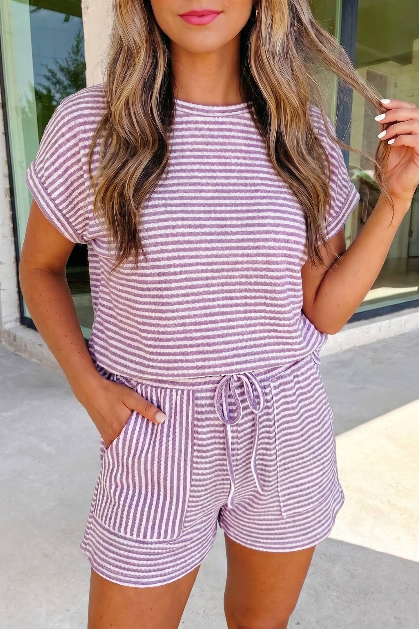 Texture Stripe Knit 2pcs Shorts Set | S-XL
