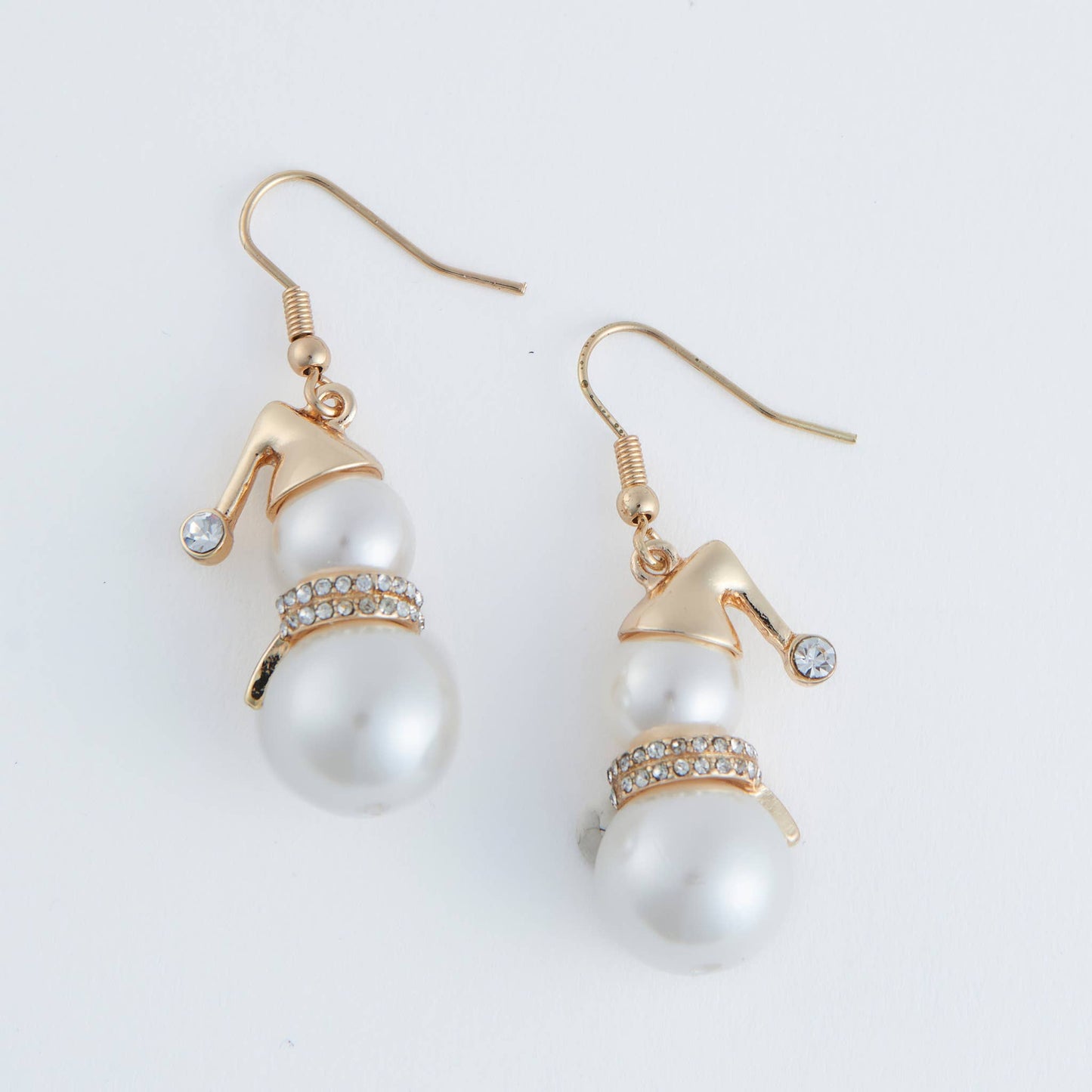 Holiday Christmas Snowman Pearl Gold Drop Earrings