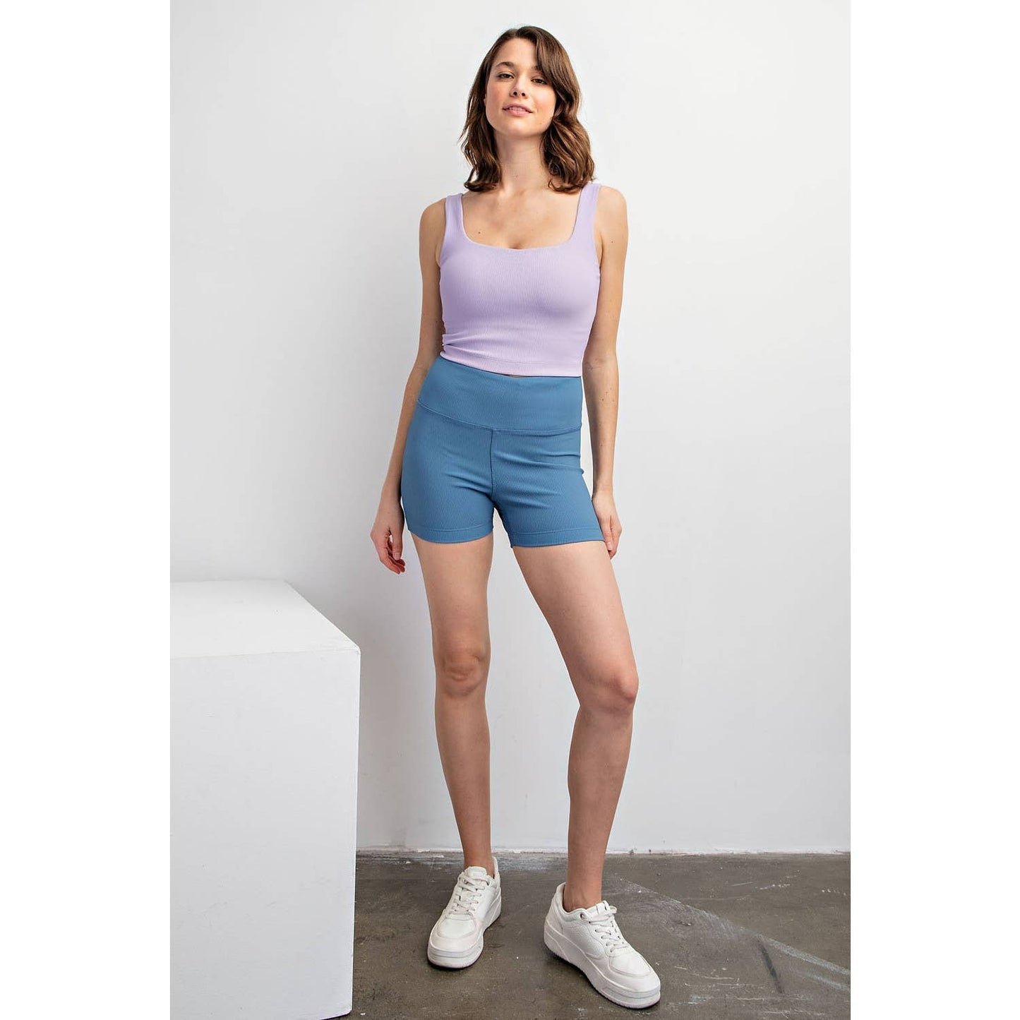 NYLON RIB SQUARE NECK SLEEVELESS CROP TOP