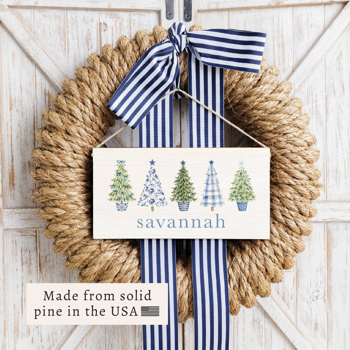 Highland Coastal Cottage Christmas Trees Personalized Twine Sign