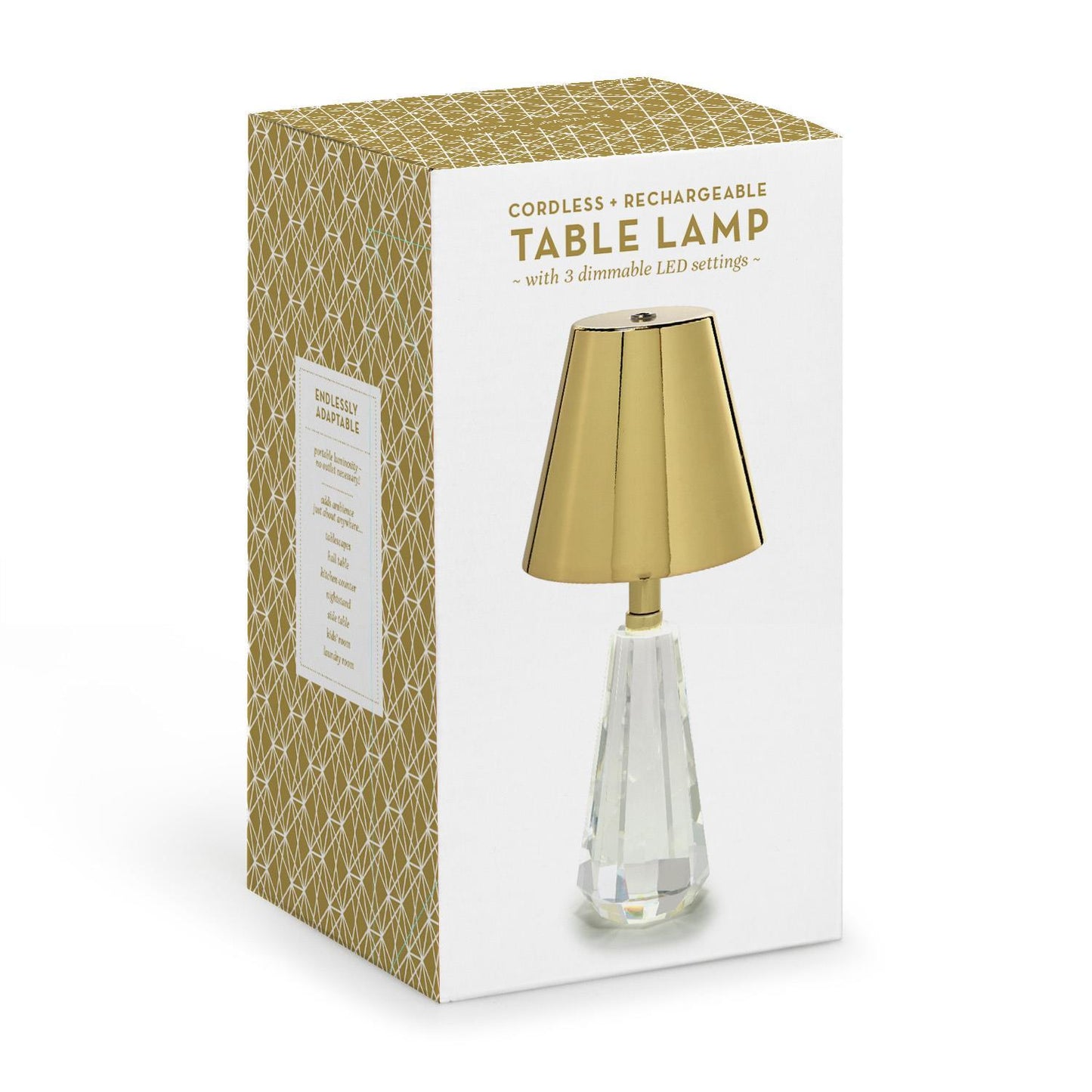 Faceted Crystal-Style Glass LED Portable Cordless Table Lamp with Gold Metallic Shade