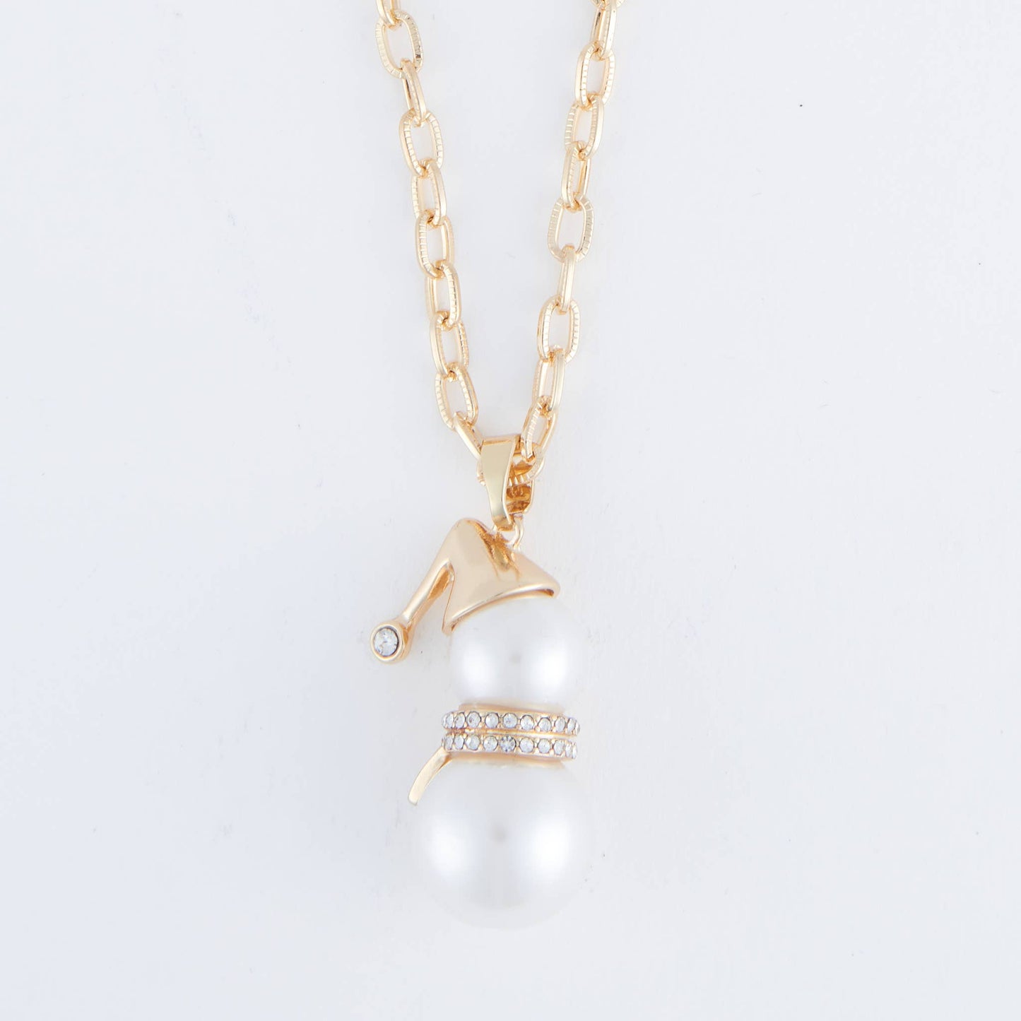 Holiday Christmas Pearl Snowman Gold 20" Pendant Necklace