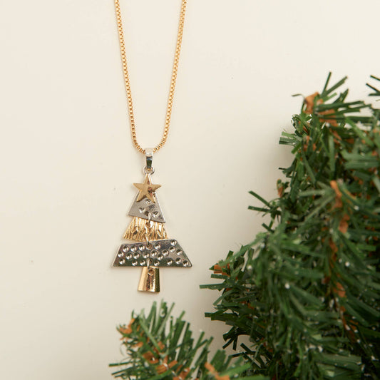 Holiday Two Tone Christmas Tree 26" Pendant Necklace