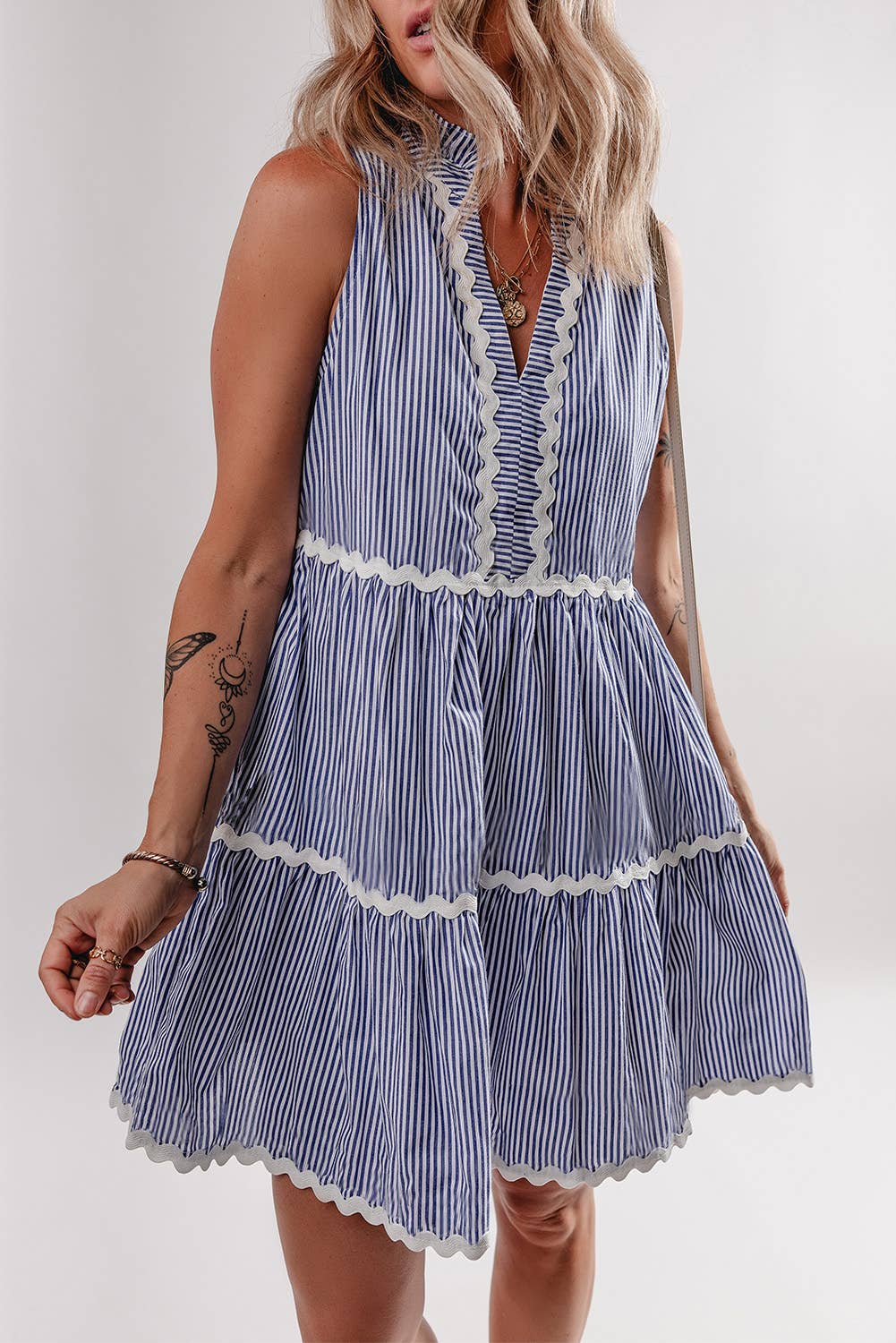 Striped Print Ric-rac Trim Sleeveless Mini Dress | S-XL