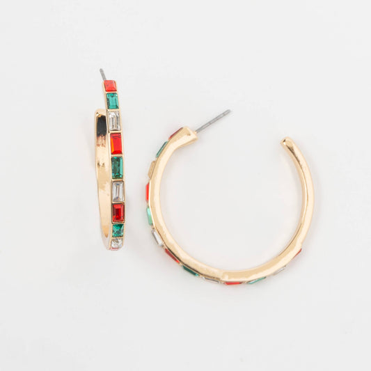 Holiday C-Hoop Christmas Baguette Rhinestone Hoop Earrings
