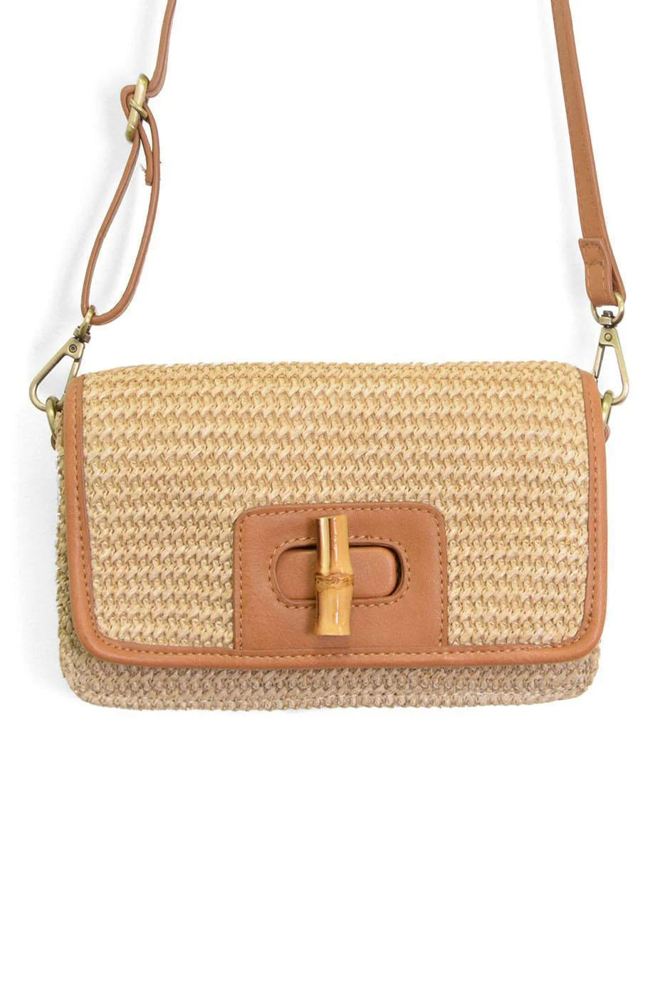 Natural Straw Bonnie Mini Organizer Bamboo Turn lock Crossbody