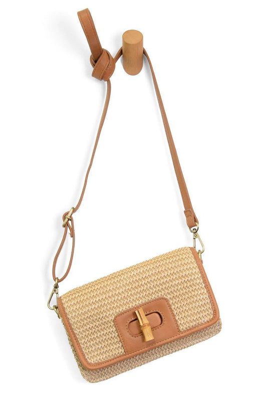 Natural Straw Bonnie Mini Organizer Bamboo Turn lock Crossbody