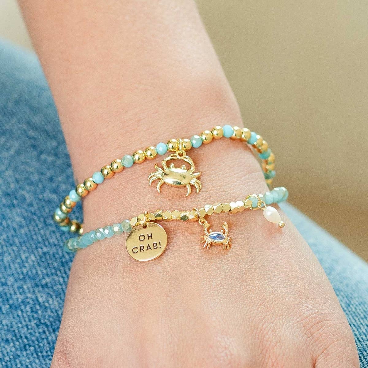 Crab Charm Beaded Stretch Bracelet