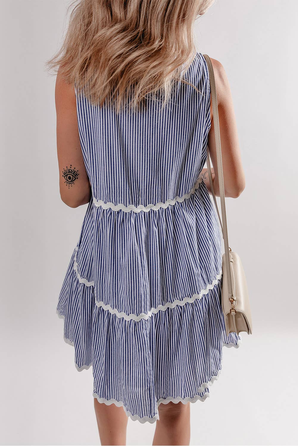Striped Print Ric-rac Trim Sleeveless Mini Dress | S-XL