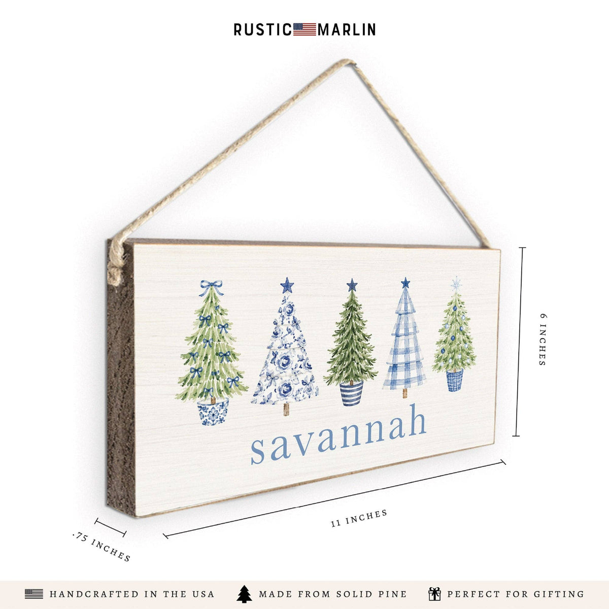 Highland Coastal Cottage Christmas Trees Personalized Twine Sign