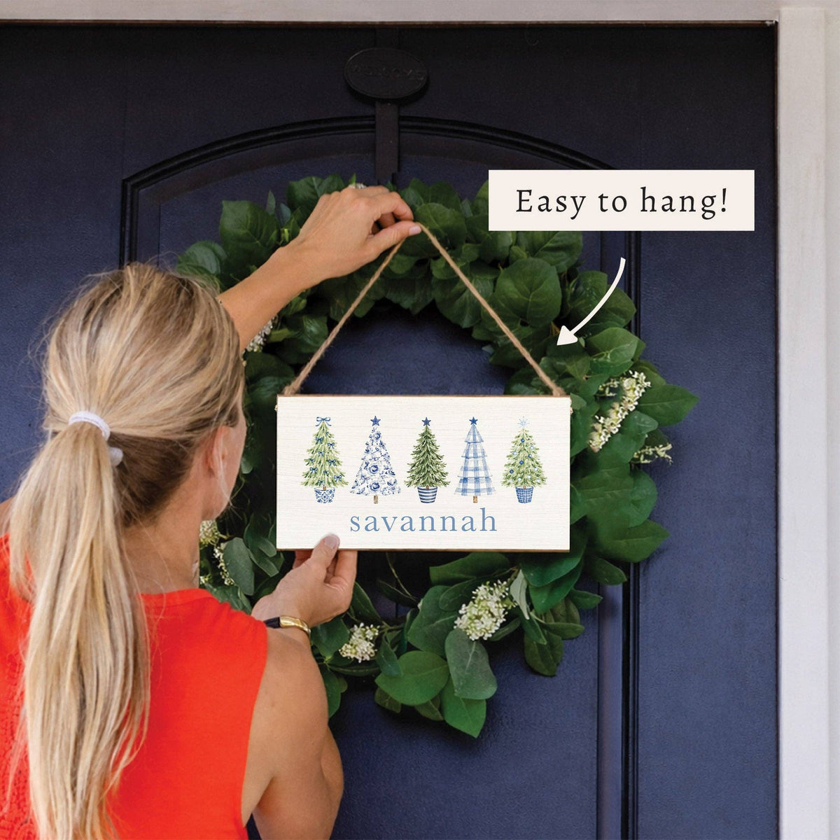 Highland Coastal Cottage Christmas Trees Personalized Twine Sign