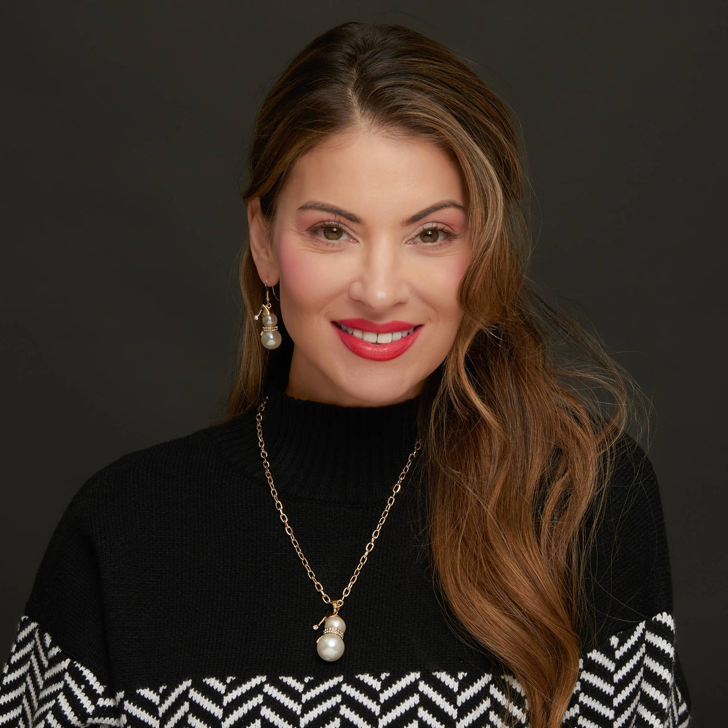 Holiday Christmas Snowman Pearl Gold Drop Earrings